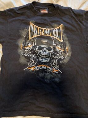 Harley-Davidson Black T-Shirt with Orange and White Skull Graphic
